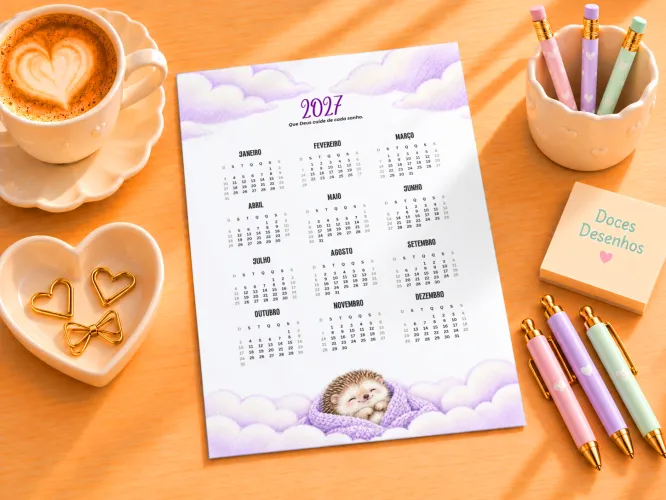 Calendário A5 2027 com cachorrinhos fofos entre nuvens verdes
Calendário A5 2027 com ouriço fofo dormindo entre nuvens lilás
Calendário A5 2027 com elefantinho fofo entre nuvens em tons pastel
Calendário A5 2027 com ouriço fofo dormindo entre nuvens rosas
Calendário A5 2027 com passarinho fofo segurando ramo entre nuvens verdes
Calendário A5 2027 com elefantinho fofo entre nuvens azuis
Calendário A5 2027 com elefantinho fofo entre nuvens lilás
Calendário A5 2027 com ursinho fofo dormindo entre nuvens verdes
Calendário A5 2027 com bichinho marrom fofo segurando coração entre nuvens
Calendário A5 2027 com abelhinha fofa e pote de mel entre nuvens amarelas
Calendário A5 2027 com raposinha fofa entre nuvens em tons suaves