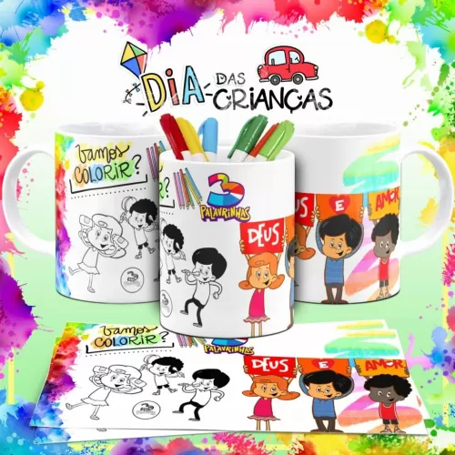 Combo Artes Canecas Colorir Personagens – Dia das Crianças