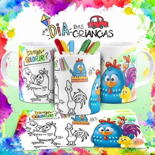 Combo Artes Canecas Colorir Personagens – Dia das Crianças