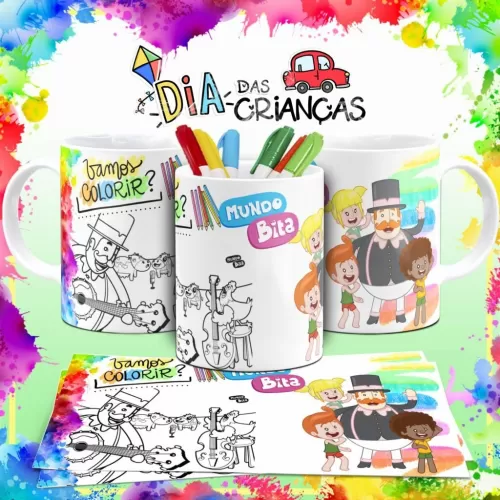 Combo Artes Canecas Colorir Personagens – Dia das Crianças