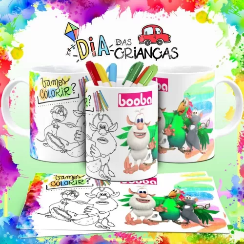 Combo Artes Canecas Colorir Personagens – Dia das Crianças