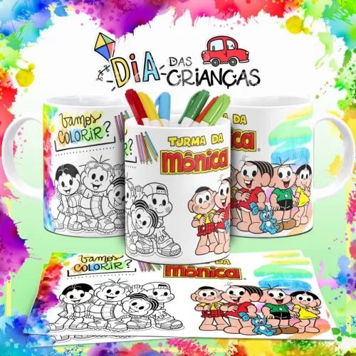 Combo Artes Canecas Colorir Personagens – Dia das Crianças