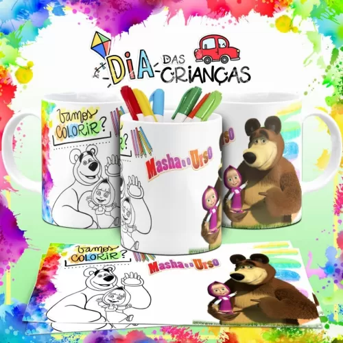 Combo Artes Canecas Colorir Personagens – Dia das Crianças