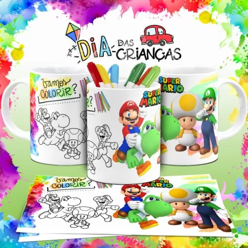 Combo Artes Canecas Colorir Personagens – Dia das Crianças