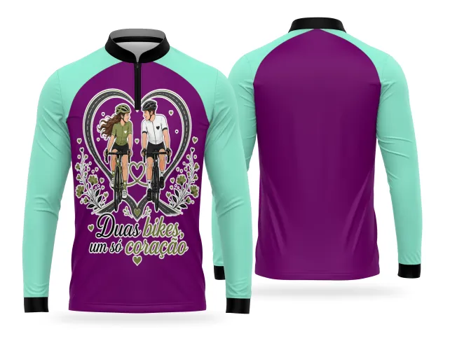 Estampa de casal na bike com frase um só coração para camisa esportiva
