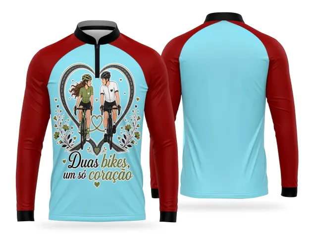 Estampa de casal na bike com frase um só coração para camisa esportiva