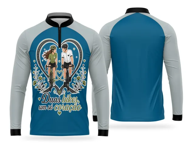 Estampa de casal na bike com frase um só coração para camisa esportiva