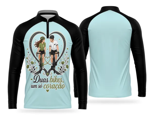 Estampa de casal na bike com frase um só coração para camisa esportiva
