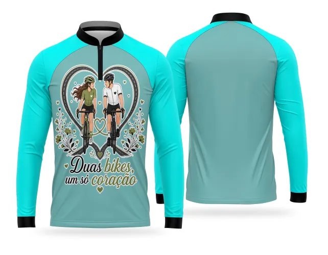 Estampa de casal na bike com frase um só coração para camisa esportiva