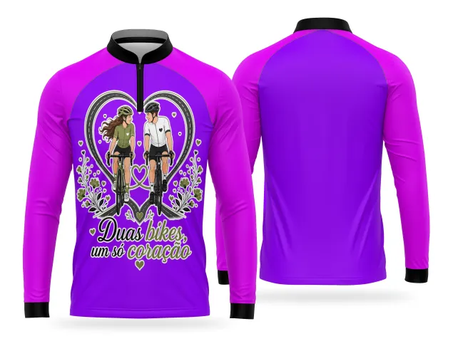 Estampa de casal na bike com frase um só coração para camisa esportiva