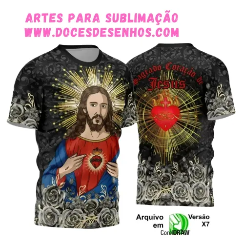 Estampa Religiosa Sagrado Coração de Jesus em Camisa Estampa Religiosa Sagrado Coração de Jesus em Camisa