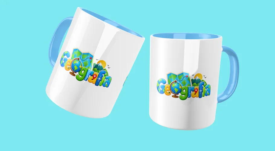 Caneca de Geografia mostrando mapas, bússola e símbolos geométricos, perfeita para mostrar paixão pela ciência que conecta o mundo.