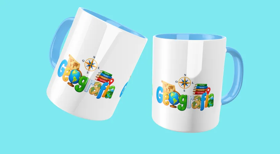 Caneca de Geografia mostrando mapas, bússola e símbolos geométricos, perfeita para mostrar paixão pela ciência que conecta o mundo.
