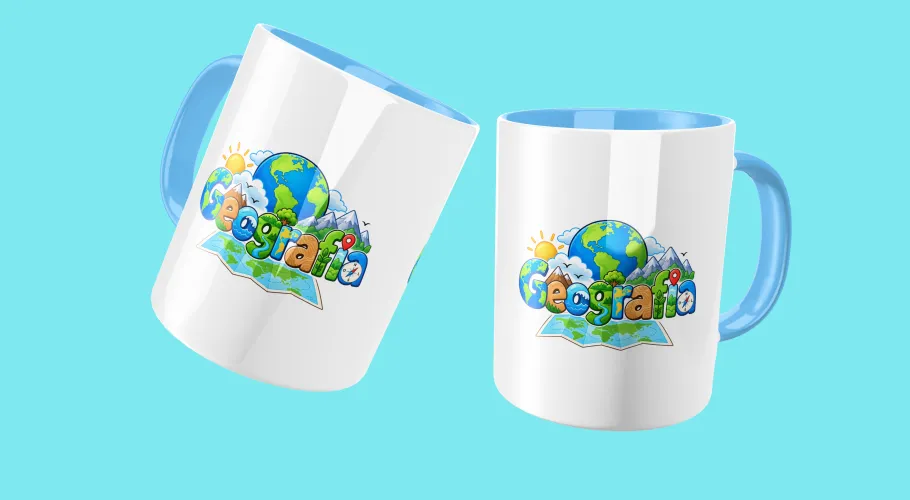 Caneca de Geografia mostrando mapas, bússola e símbolos geométricos, perfeita para mostrar paixão pela ciência que conecta o mundo.