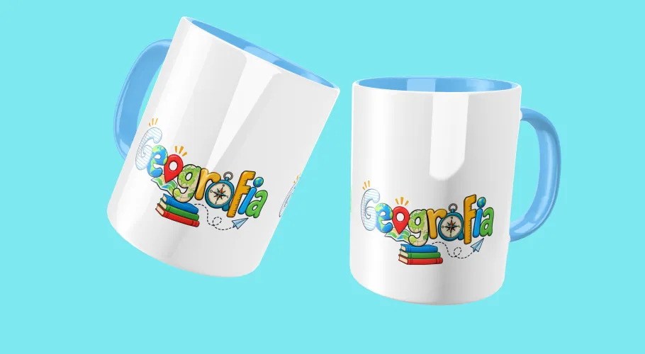 Caneca de Geografia mostrando mapas, bússola e símbolos geométricos, perfeita para mostrar paixão pela ciência que conecta o mundo.