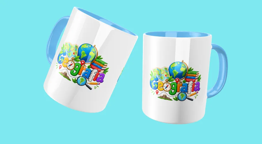 Caneca de Geografia mostrando mapas, bússola e símbolos geométricos, perfeita para mostrar paixão pela ciência que conecta o mundo.
