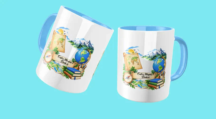 Caneca de Geografia mostrando mapas, bússola e símbolos geométricos, perfeita para mostrar paixão pela ciência que conecta o mundo.