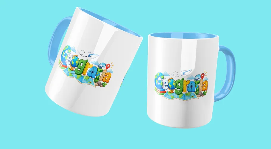 Caneca de Geografia mostrando mapas, bússola e símbolos geométricos, perfeita para mostrar paixão pela ciência que conecta o mundo.