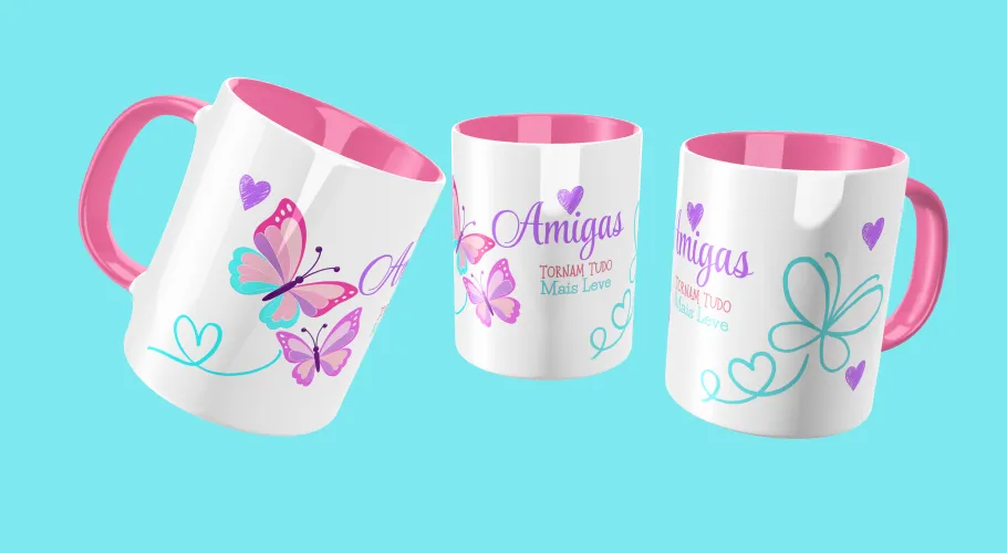 Caneca com frases positivas e modernas com detalhes que transmitem leveza e motivação ao visual.