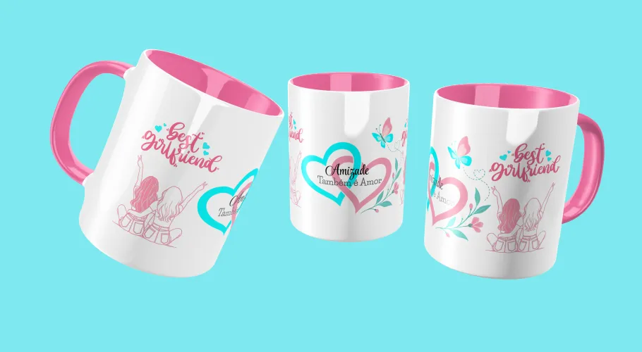 Caneca com frases positivas e modernas com detalhes que transmitem leveza e motivação ao visual.