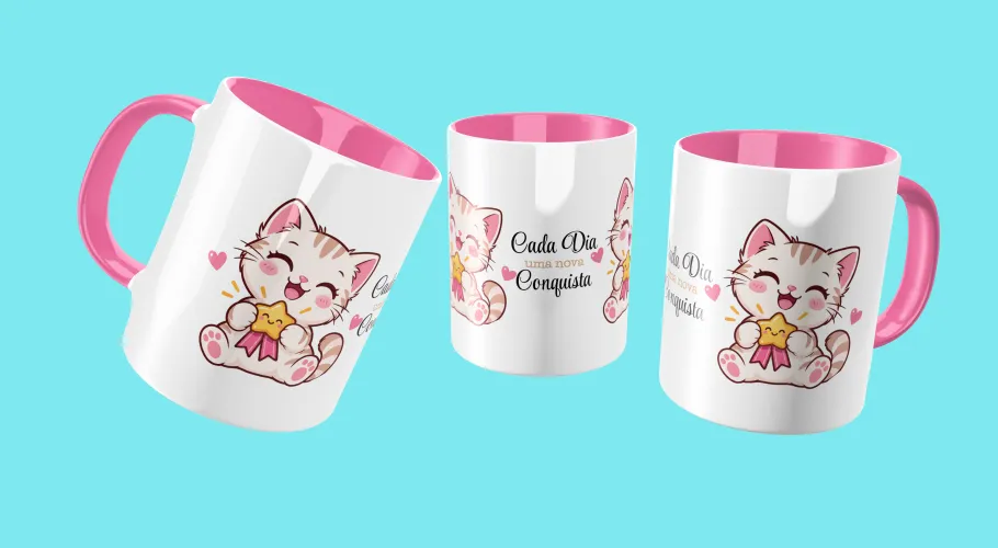 Caneca com frases positivas e modernas com detalhes que transmitem leveza e motivação ao visual.