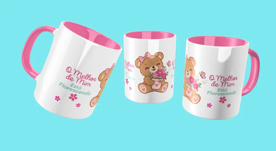 Caneca com frases positivas e modernas com detalhes que transmitem leveza e motivação ao visual.