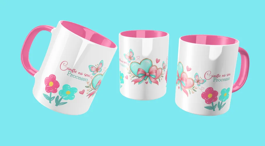 Caneca com frases positivas e modernas com detalhes que transmitem leveza e motivação ao visual.