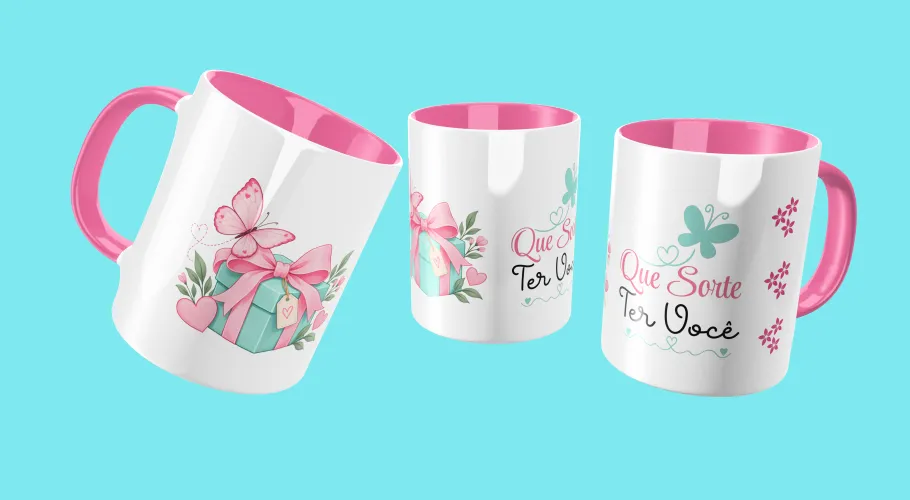 Caneca com frases positivas e modernas com detalhes que transmitem leveza e motivação ao visual.