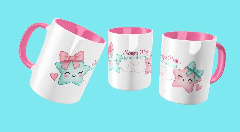 Caneca com frases positivas e modernas com detalhes que transmitem leveza e motivação ao visual.