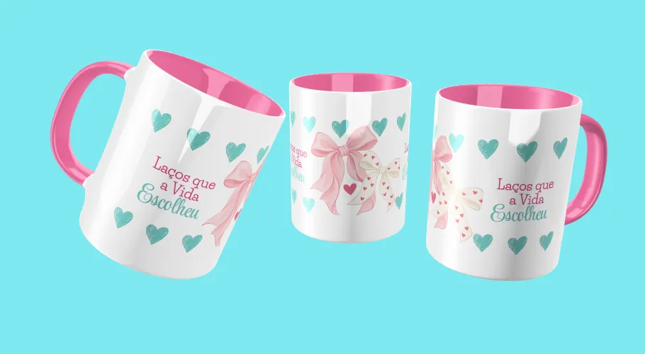Caneca com frases positivas e modernas com detalhes que transmitem leveza e motivação ao visual.