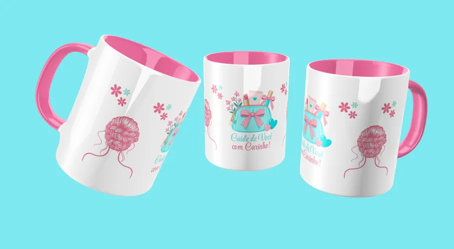Caneca com frases positivas e modernas com detalhes que transmitem leveza e motivação ao visual.