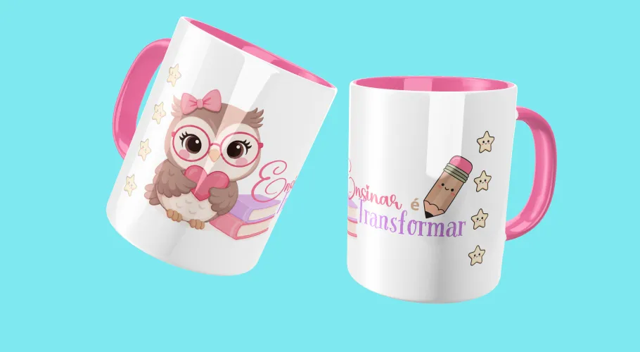 Caneca feminina professora estilosa e delicada, ideal para demonstrar orgulho em ensinar em qualquer momento especial.