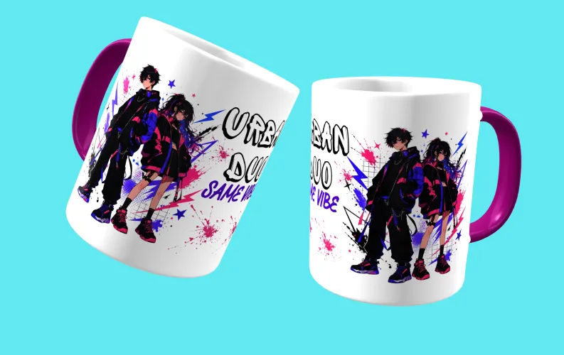 Caneca estilo anime urbano, trazendo uma composição moderna