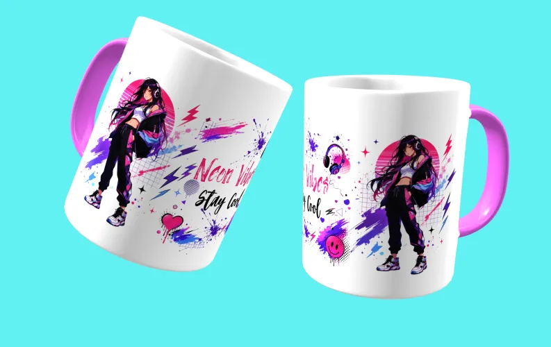Caneca estilo anime urbano, trazendo uma composição moderna