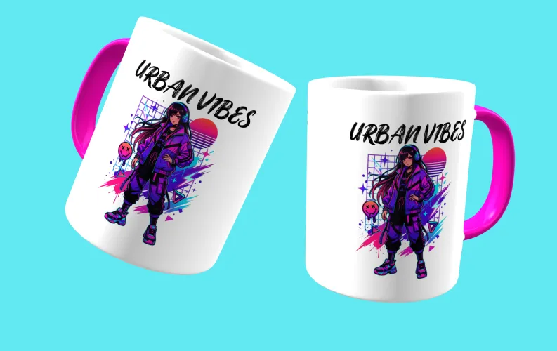 Caneca estilo anime urbano, trazendo uma composição moderna