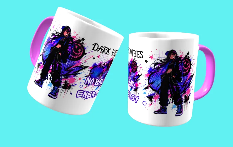Caneca estilo anime urbano, trazendo uma composição moderna