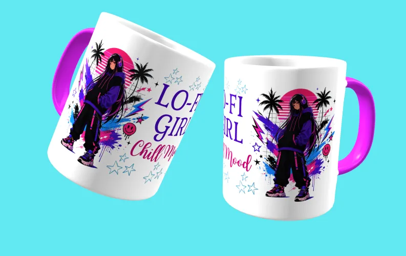 Caneca estilo anime urbano, trazendo uma composição moderna