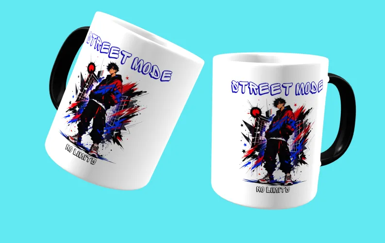 Caneca estilo anime urbano, trazendo uma composição moderna