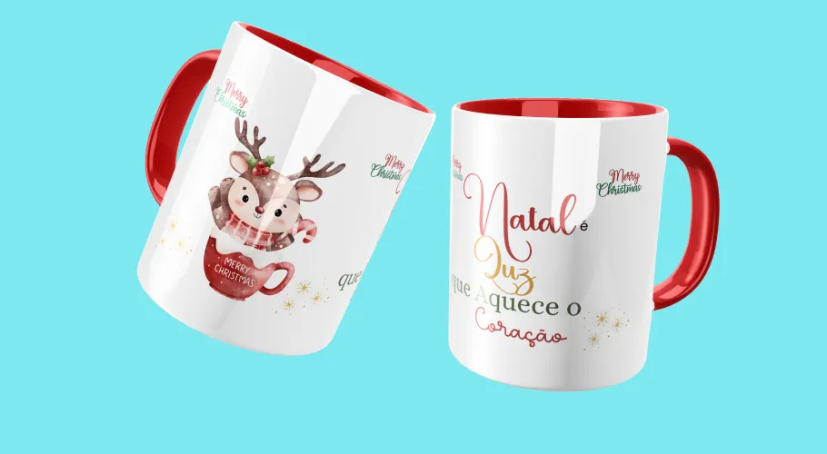 Caneca com uma ilustração natalina colorida e alegre, perfeita para celebrar a data com estilo.
