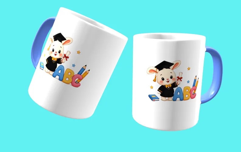Camisa com uma estampa alegre de formatura infantil, colorida, com um logo divertido no peito e uma estampa grande e comemorativa nas costas, perfeita para marcar esse momento especial da turma.