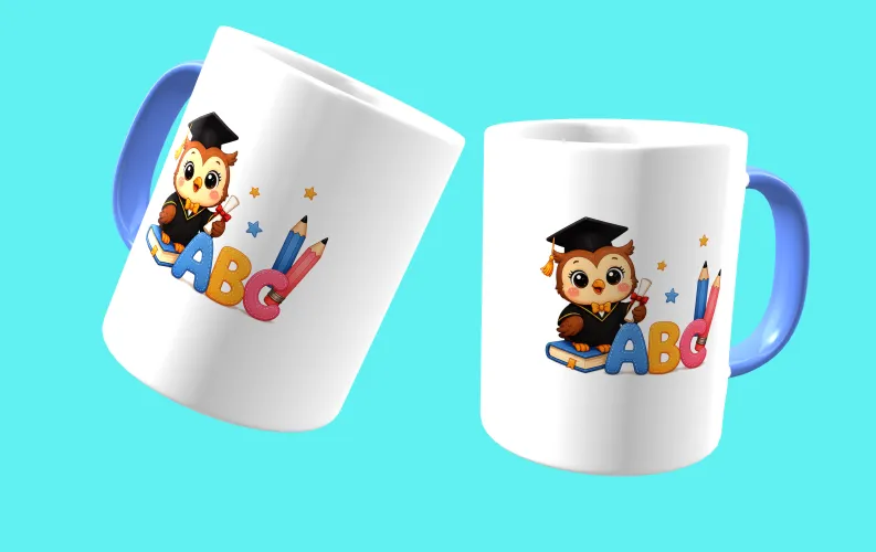 Camisa com uma estampa alegre de formatura infantil, colorida, com um logo divertido no peito e uma estampa grande e comemorativa nas costas, perfeita para marcar esse momento especial da turma.
