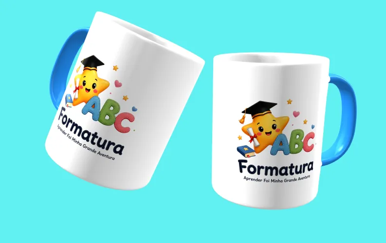 Camisa com uma estampa alegre de formatura infantil, colorida, com um logo divertido no peito e uma estampa grande e comemorativa nas costas, perfeita para marcar esse momento especial da turma.