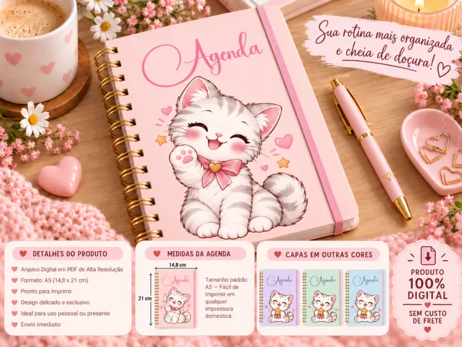 Kit digital com 4 agendas A5 com animais fofos em PDF