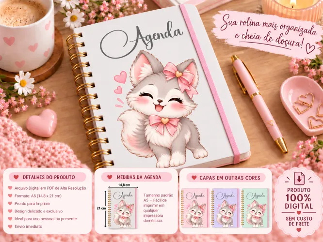 Kit digital com 4 agendas A5 com animais fofos em PDF