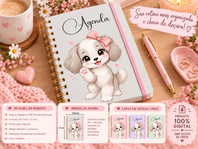 Kit digital com 4 agendas A5 com animais fofos em PDF