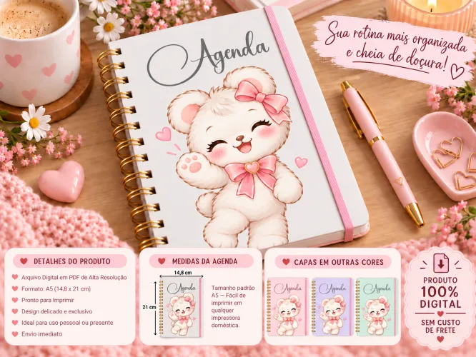 Kit digital com 4 agendas A5 com bichinhos fofos