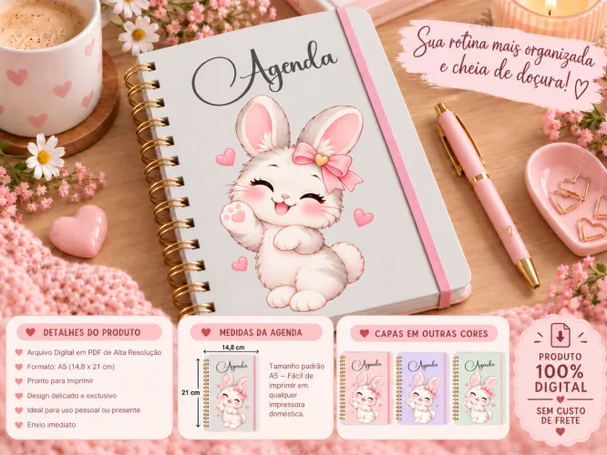 Kit digital com 4 agendas A5 com bichinhos fofos