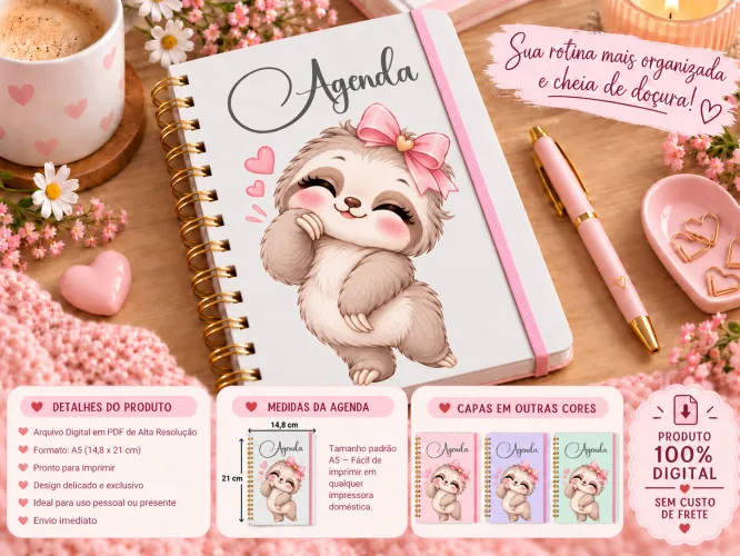 Kit digital com 4 agendas A5 com bichinhos fofos