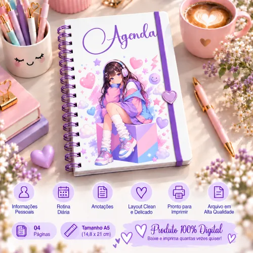 Kit digital com 5 agendas A5 e 5 artes para canecas Anime Kawaii, com modelos combinando para imprimir, personalizar e criar kits.