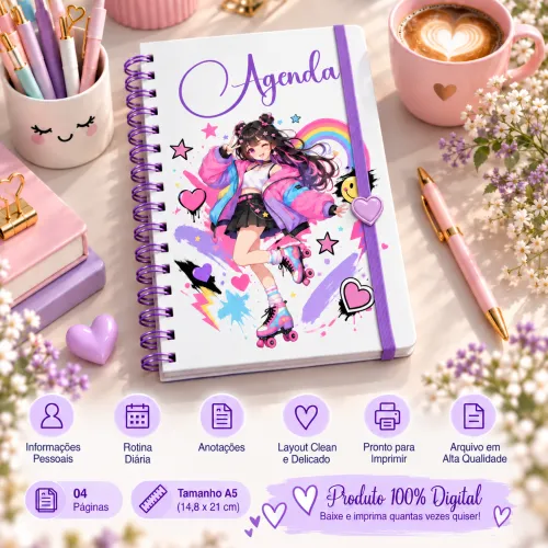 Kit digital com 5 agendas A5 e 5 artes para canecas Anime Kawaii, com modelos combinando para imprimir, personalizar e criar kits.